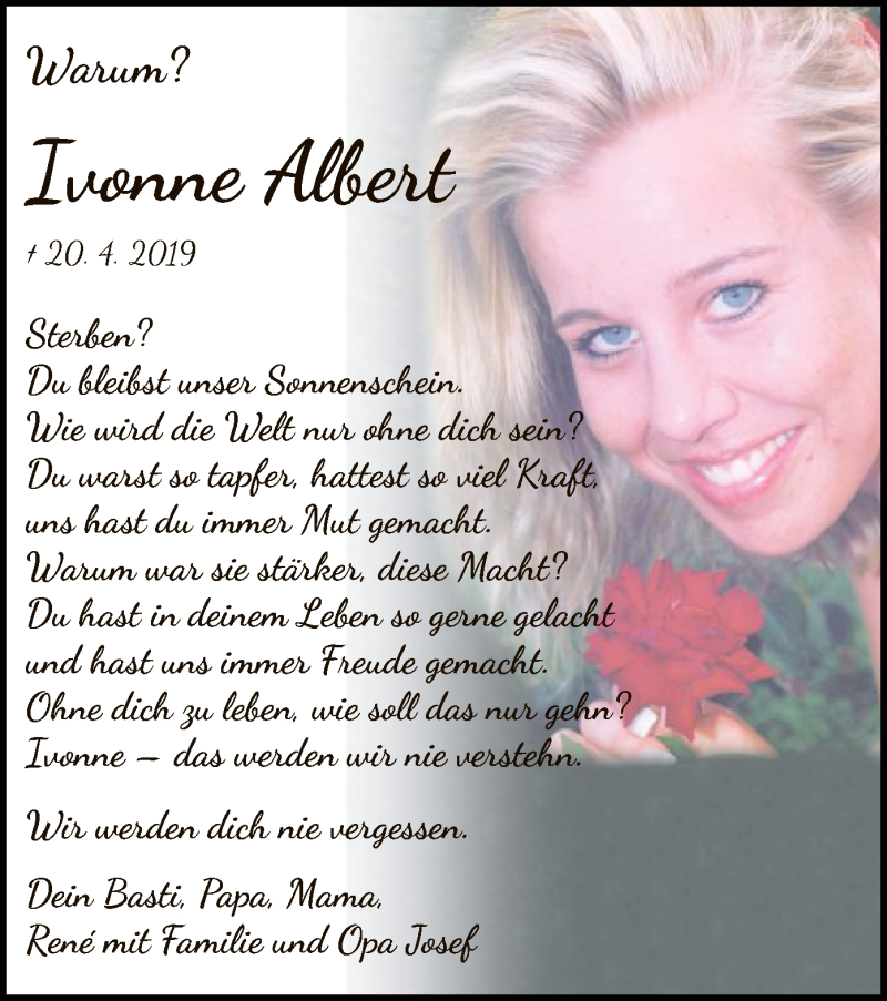  Traueranzeige für Ivonne Albert vom 20.04.2020 aus HNA