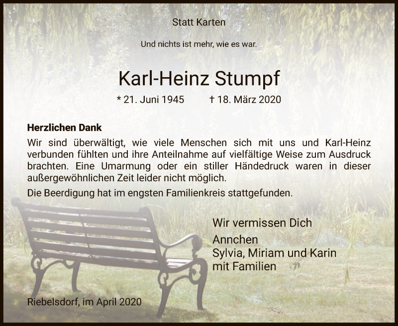  Traueranzeige für Karl-Heinz Stumpf vom 25.04.2020 aus HNA