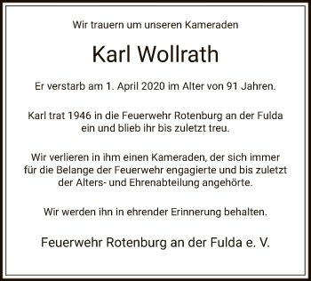 Traueranzeige von Karl Wollrath von HNA