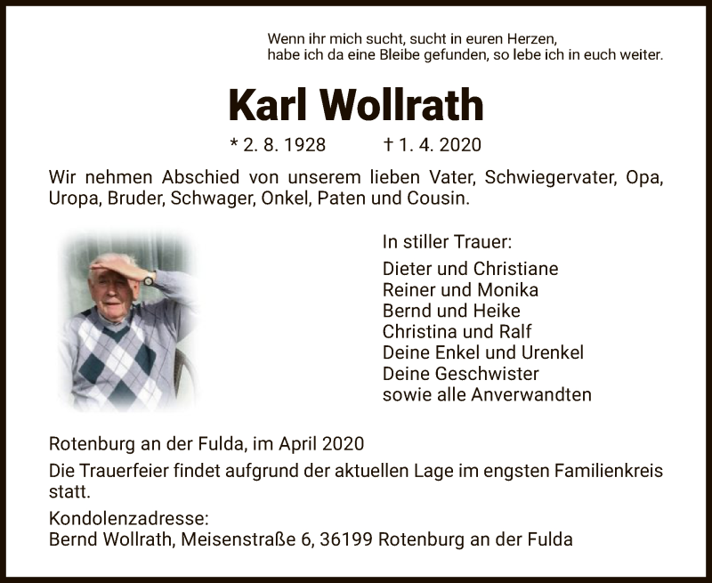  Traueranzeige für Karl Wollrath vom 04.04.2020 aus HNA