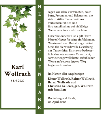 Traueranzeige von Karl Wollrath von HNA