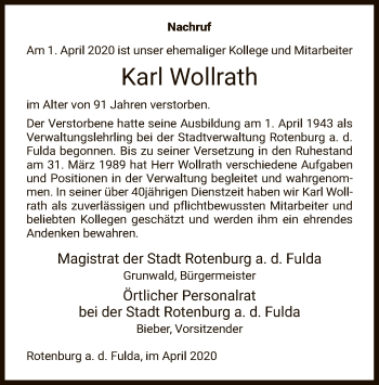 Traueranzeige von Karl Wollrath von HNA