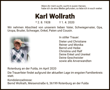 Traueranzeige von Karl Wollrath von HNA