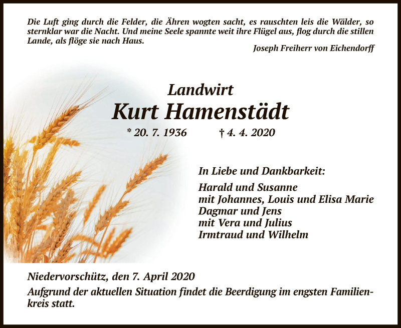  Traueranzeige für Kurt Hamenstädt vom 07.04.2020 aus HNA