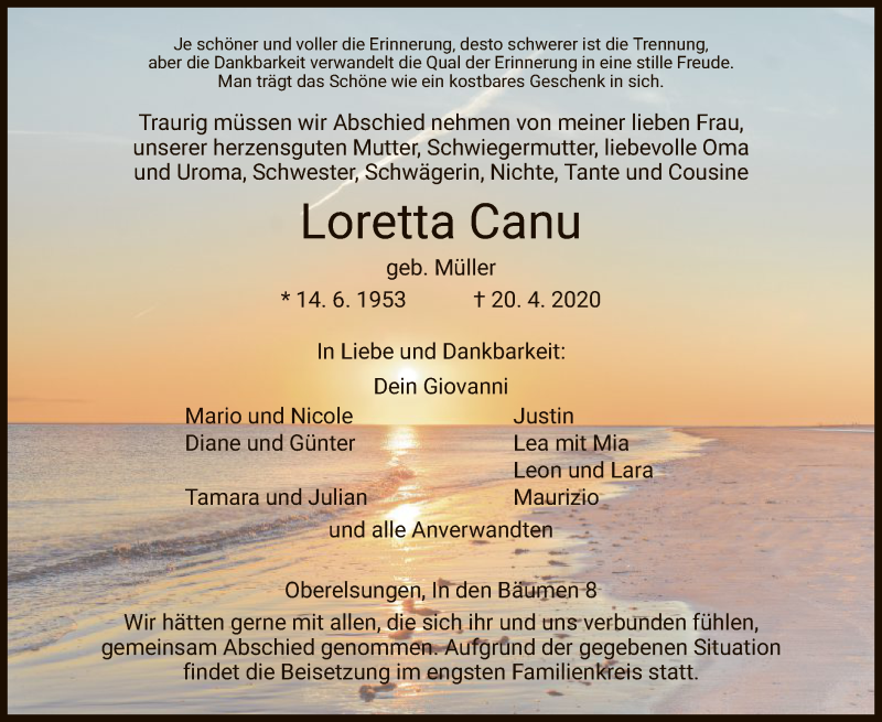  Traueranzeige für Loretta Canu vom 22.04.2020 aus HNA