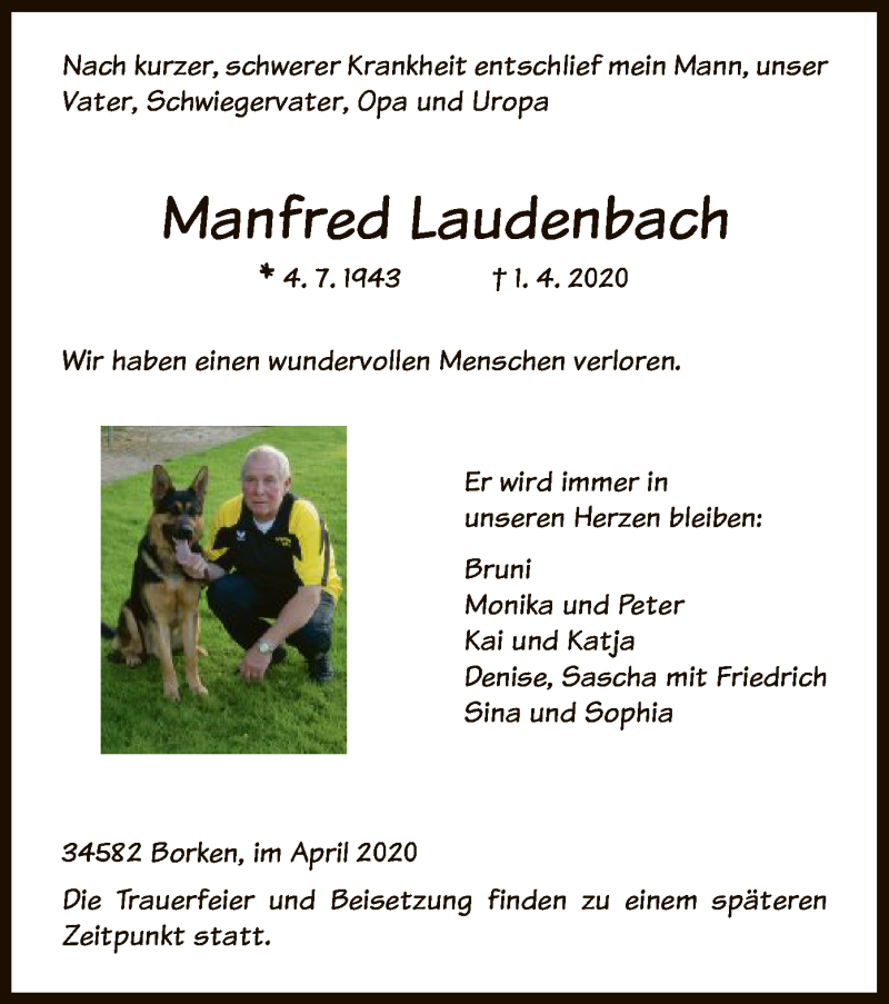 Traueranzeige für Manfred Laudenbach vom 07.04.2020 aus HNA