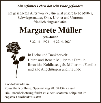 Traueranzeige von Margarete Müller von HNA