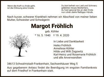 Traueranzeige von Margot Fröhlich von HNA