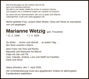 Traueranzeige von Marianne Wetzig von HNA