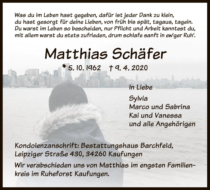  Traueranzeige für Matthias Schäfer vom 18.04.2020 aus HNA