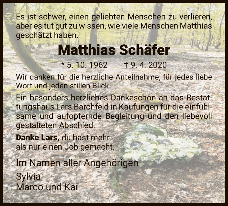  Traueranzeige für Matthias Schäfer vom 25.04.2020 aus HNA