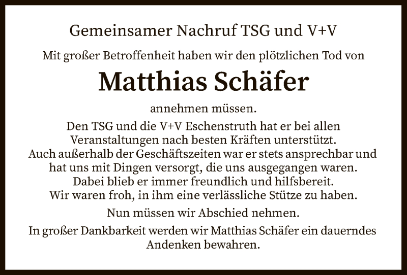 Traueranzeige für Matthias Schäfer vom 21.04.2020 aus HNA