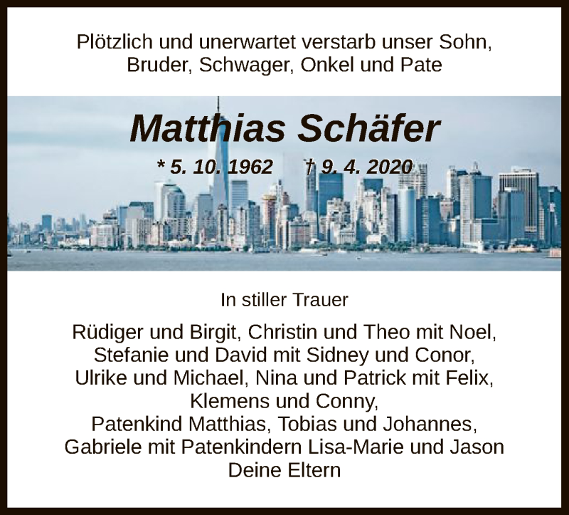  Traueranzeige für Matthias Schäfer vom 18.04.2020 aus HNA