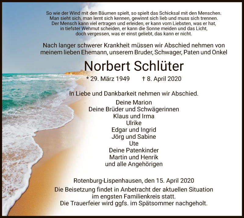  Traueranzeige für Norbert Schlüter vom 15.04.2020 aus HNA
