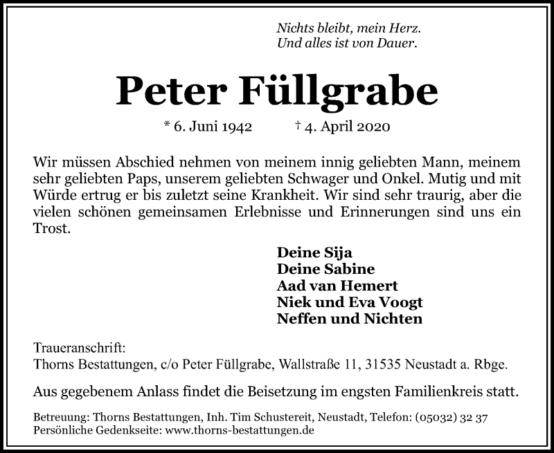  Traueranzeige für Peter Füllgrabe vom 11.04.2020 aus HNA