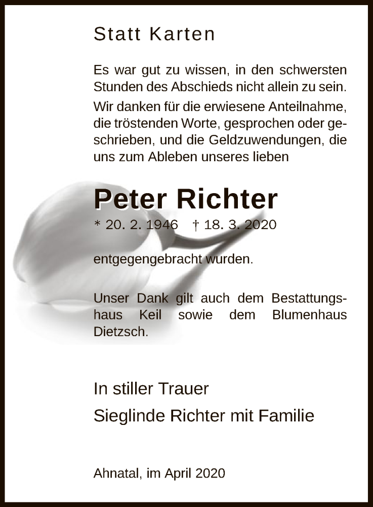  Traueranzeige für Peter Richter vom 03.04.2020 aus HNA