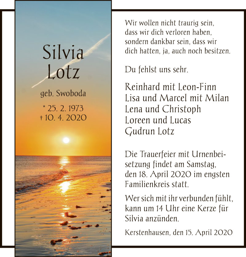  Traueranzeige für Silvia Lotz vom 15.04.2020 aus HNA