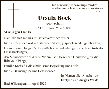 Traueranzeige von Ursula Bock von HNA