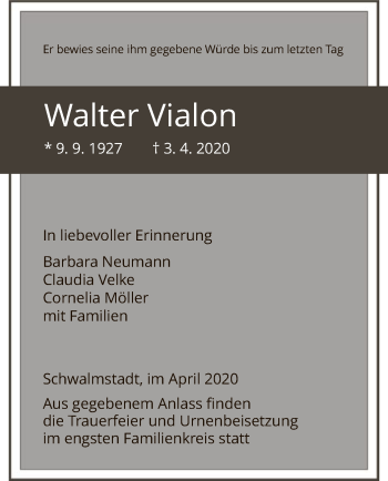 Traueranzeige von Walter Vialon von HNA