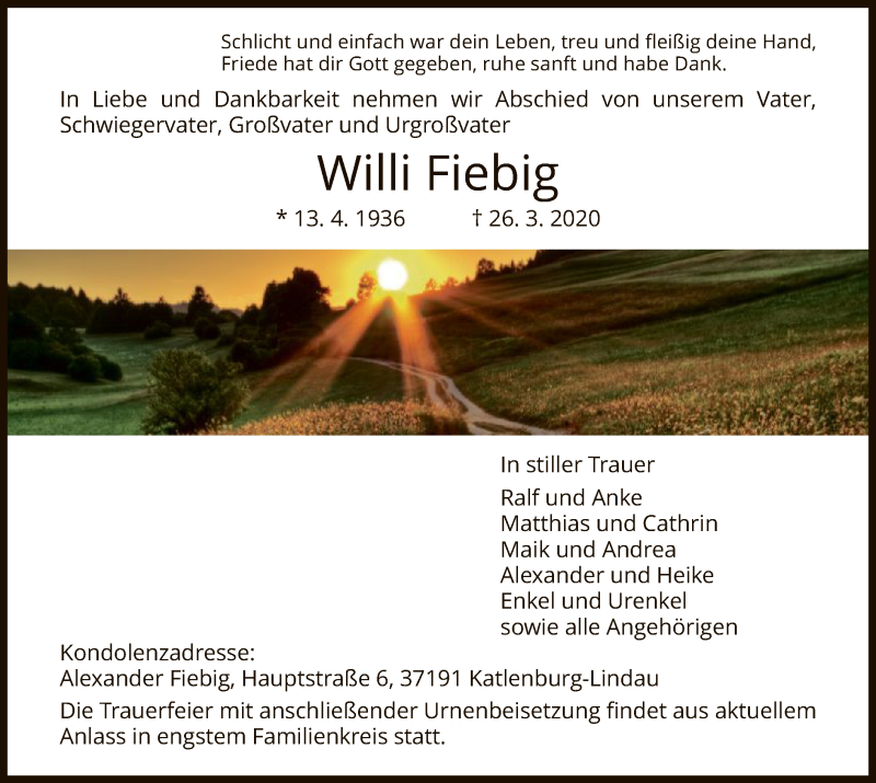 Traueranzeige für Willi Fiebig vom 01.04.2020 aus HNA