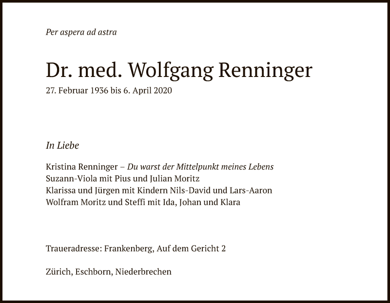  Traueranzeige für Wolfgang Renninger vom 09.04.2020 aus HNA