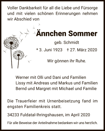 Traueranzeige von Ännchen Sommer von HNA