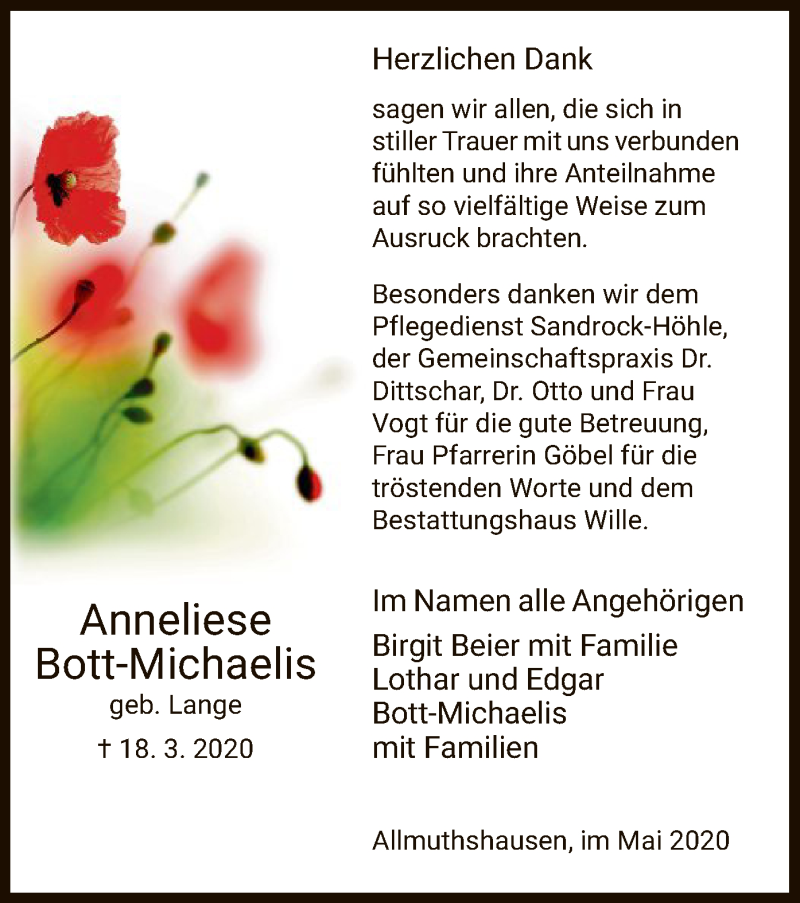  Traueranzeige für Anneliese Bott-Michaelis vom 01.05.2020 aus HNA
