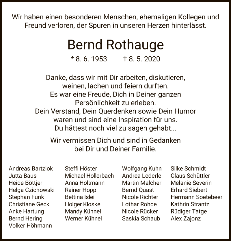  Traueranzeige für Bernd Rothauge vom 16.05.2020 aus HNA