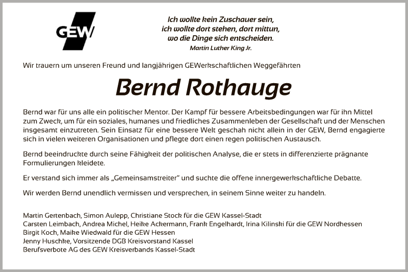  Traueranzeige für Bernd Rothauge vom 16.05.2020 aus HNA