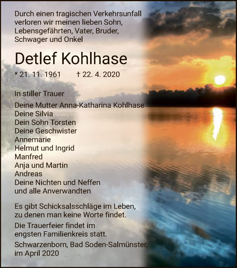  Traueranzeige für Detlef Kohlhase vom 01.05.2020 aus HNA