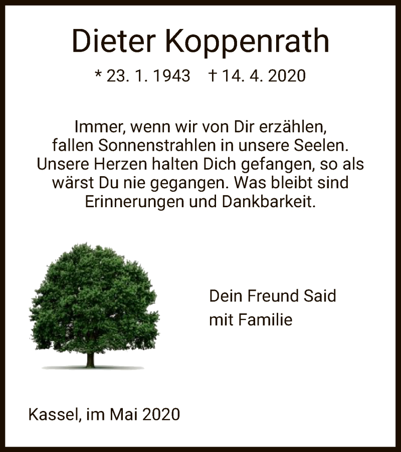  Traueranzeige für Dieter Koppenrath vom 01.05.2020 aus HNA