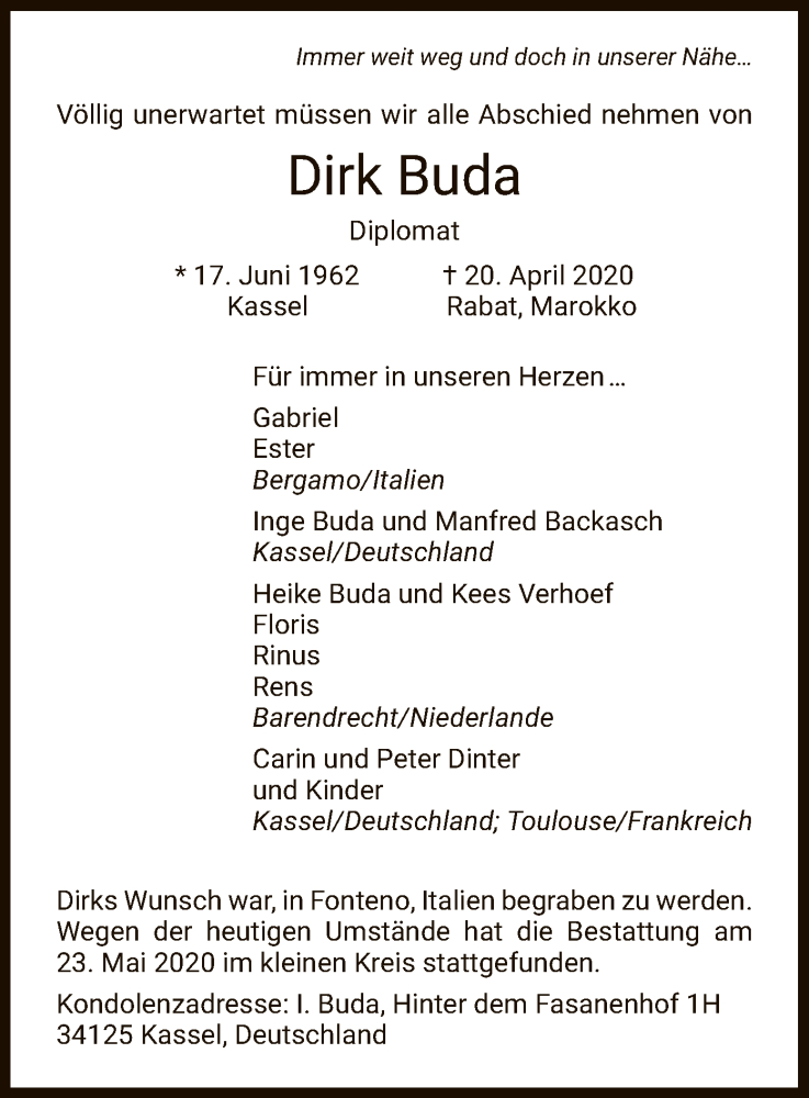  Traueranzeige für Dirk Buda vom 30.05.2020 aus HNA