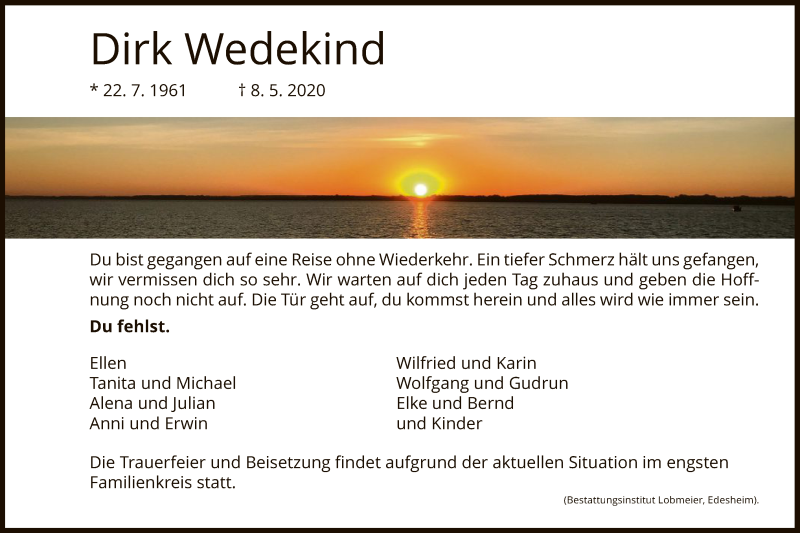  Traueranzeige für Dirk Wedekind vom 13.05.2020 aus HNA