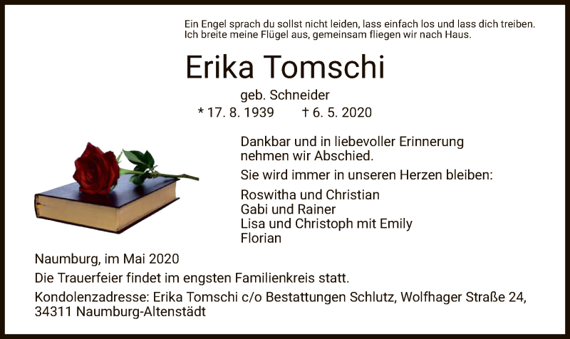  Traueranzeige für Erika Tomschi vom 12.05.2020 aus HNA