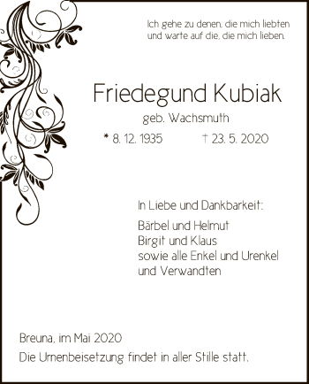 Traueranzeige von Friedegund Kubiak von HNA