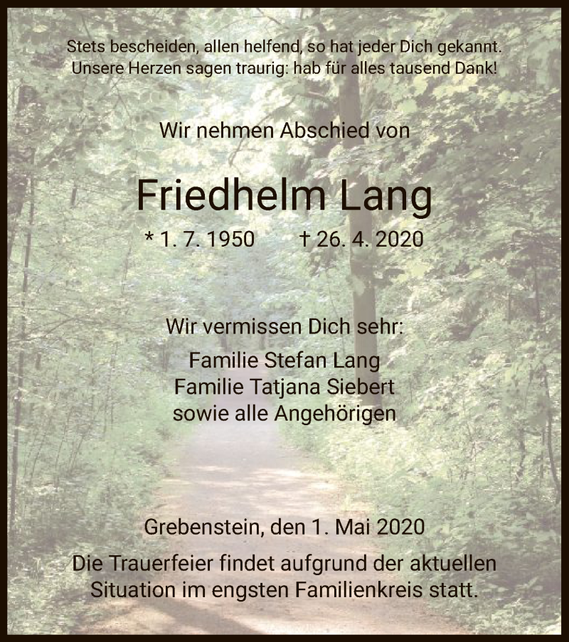  Traueranzeige für Friedhelm Lang vom 01.05.2020 aus HNA