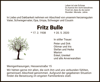 Traueranzeige von Fritz Bulle von HNA