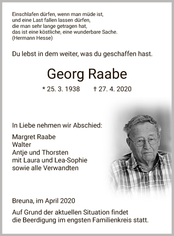 Traueranzeige von Georg Raabe von HNA