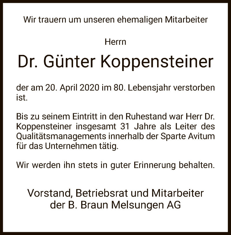  Traueranzeige für Günter Koppensteiner vom 06.05.2020 aus HNA