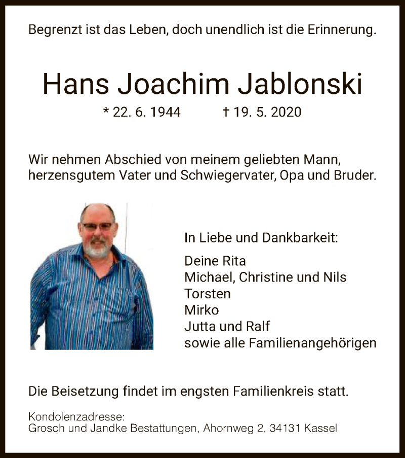  Traueranzeige für Hans Joachim Jablonski vom 23.05.2020 aus HNA