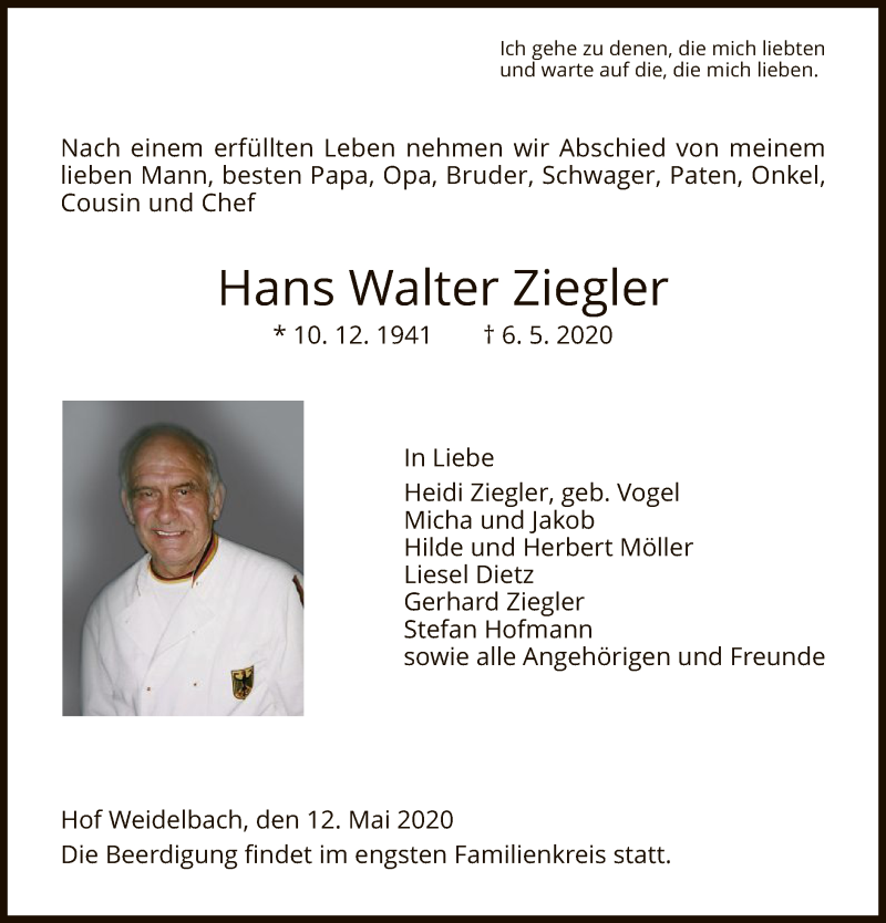  Traueranzeige für Hans Walter Ziegler vom 12.05.2020 aus HNA
