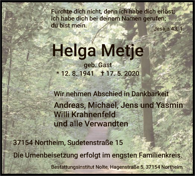  Traueranzeige für Helga Metje vom 20.05.2020 aus HNA
