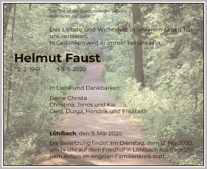  Traueranzeige für Helmut Faust vom 09.05.2020 aus HNA