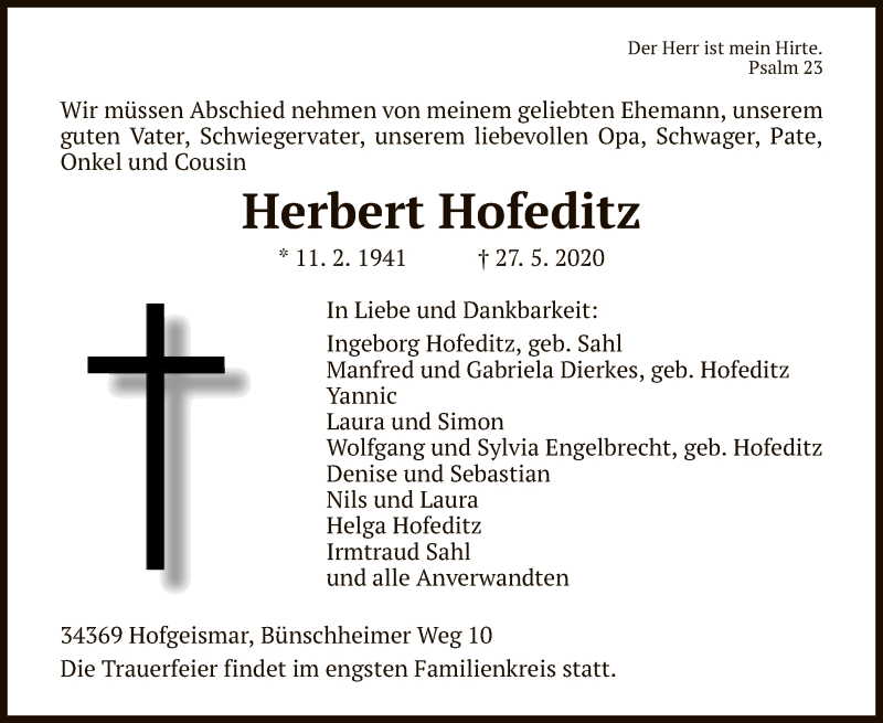  Traueranzeige für Herbert Hofeditz vom 30.05.2020 aus HNA
