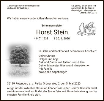 Traueranzeige von Horst Stein von HNA