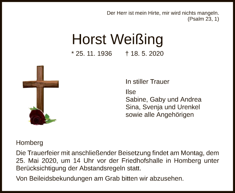  Traueranzeige für Horst Weißing vom 21.05.2020 aus HNA
