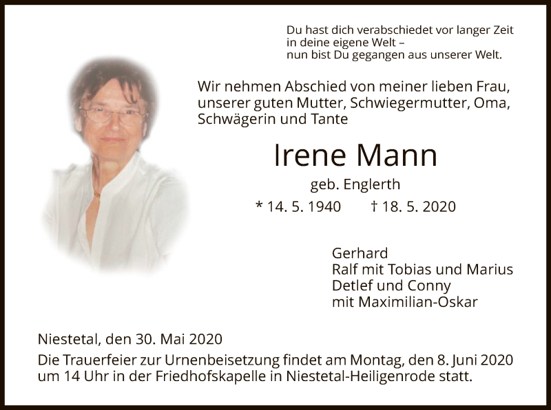  Traueranzeige für Irene Mann vom 30.05.2020 aus HNA