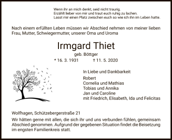 Traueranzeige von Irmgard Thiet von HNA