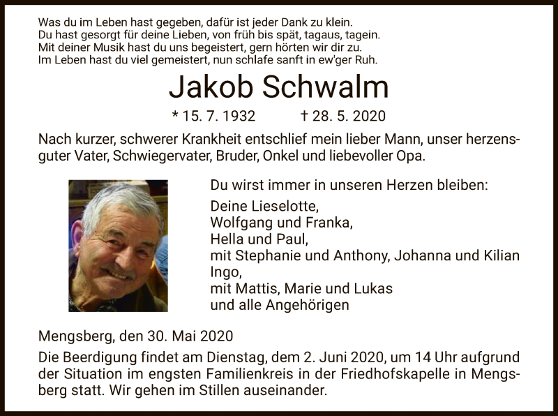  Traueranzeige für Jakob Schwalm vom 30.05.2020 aus HNA
