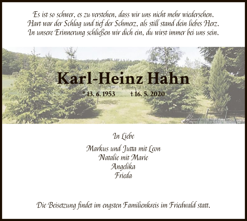  Traueranzeige für Karl-Heinz Hahn vom 30.05.2020 aus HNA